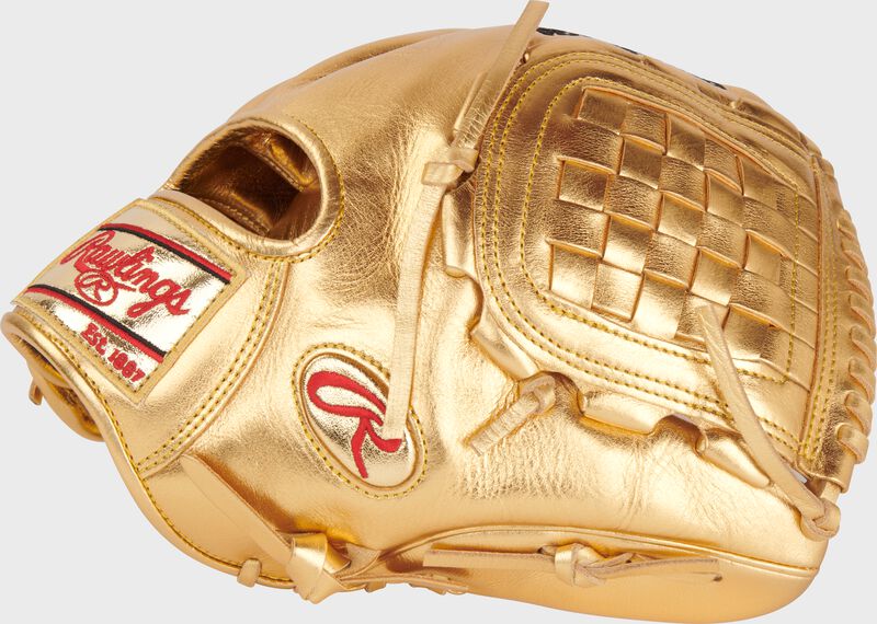Thumb of a gold Rawlings Gold Glove Award Authentic Replica Glove with a bold Basket web
